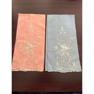 VTG Floral Iris Embroidered Eyelet Tea Towels Pink Blue Linen Blend Easter